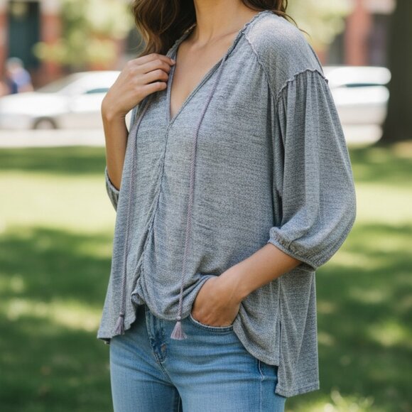 Free People We The Free Top Womens Small Gray Just a Henley Linen Blend Oversize - Picture 1 of 16